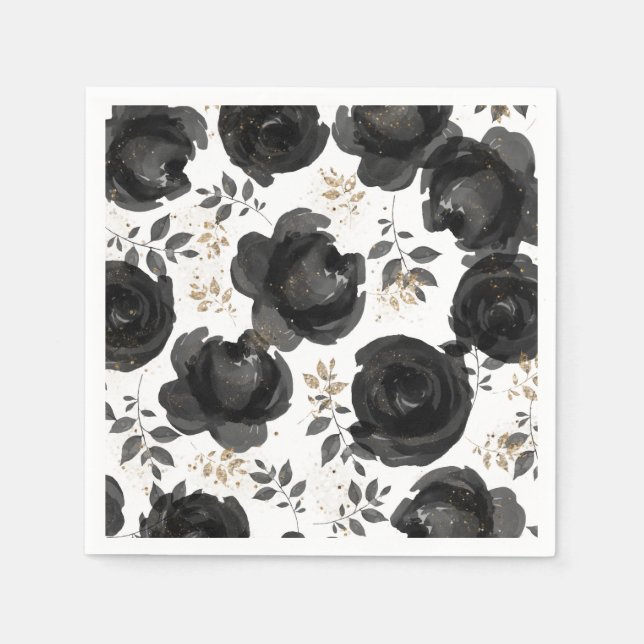 Black Gold Floral Glam Leaves Wedding Napkin (Front)