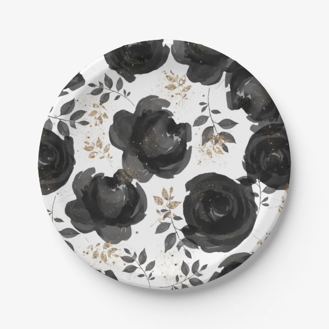 Black Gold Floral Glam Leaves Wedding Paper Plate (Front)