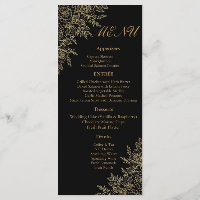 Black Gold Floral Glam Wedding Reception Menu Card (Front)