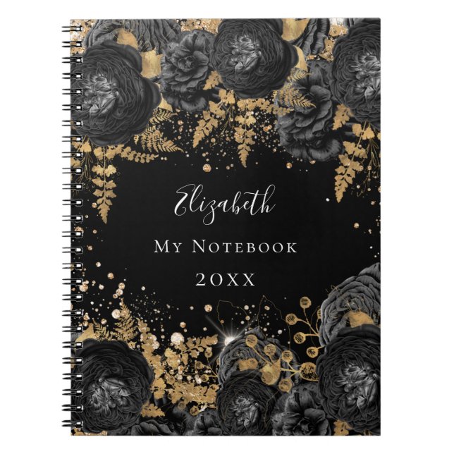 Black gold floral glitter name glamourous  notebook (Front)