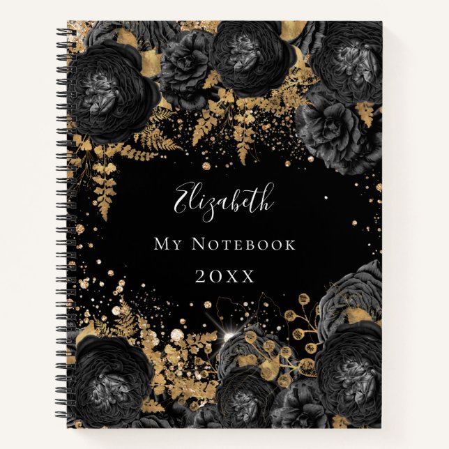 Black gold floral glitter name glamourous notebook (Front)