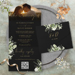 Black Gold Floral Greenery QR Code Wedding Photo All In One Invitation<br><div class="desc">All in one wedding invitation featuring floral greenery,  elegant calligraphy script typography and your special photo. The invitation includes a perforated RSVP card with your wedding website and QR code. Designed by Thisisnotme©</div>