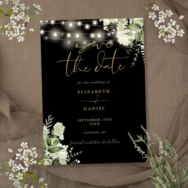 Black Gold Floral Greenery String Lights Wedding Save The Date (Black Gold Floral Greenery String Lights Wedding Save The Date)