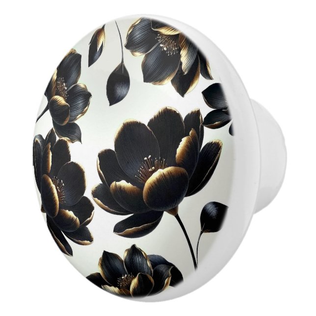 Black & Gold Floral Greige Elegant Dark Moody Ceramic Knob (Right)