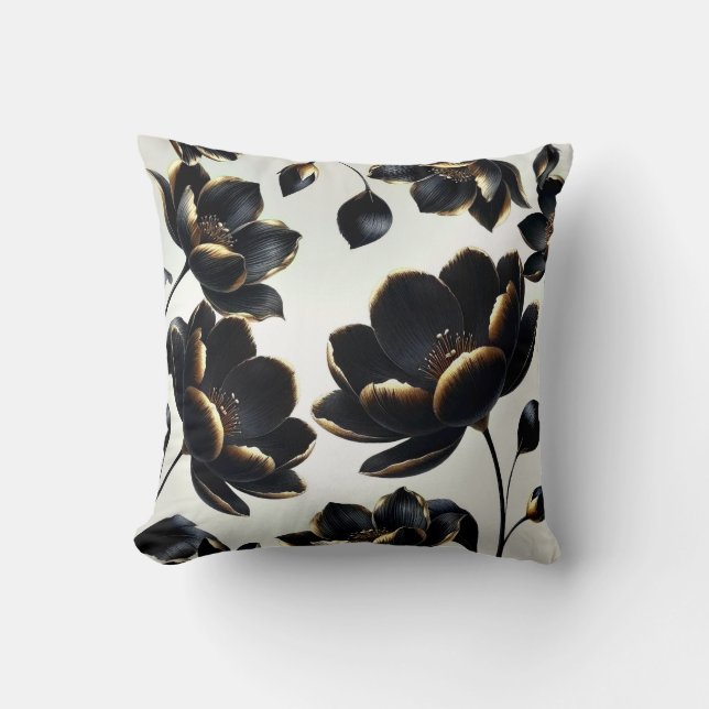 Black & Gold Floral Greige Elegant Dark Moody Cushion (Front)
