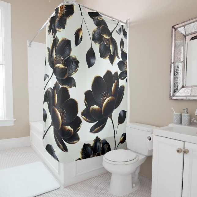 Black & Gold Floral Greige Elegant Dark Moody Shower Curtain (In Situ)
