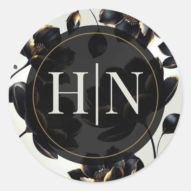 Black & Gold Floral Greige Elegant Wedding Classic Round Sticker (Front)