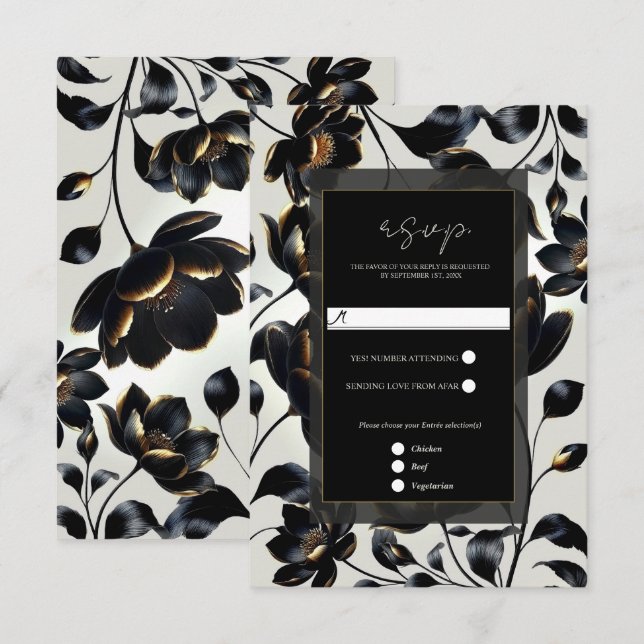 Black & Gold Floral Greige Elegant Wedding RSVP (Front/Back)