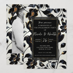 Black & Gold Floral Greige Engagement Invitation