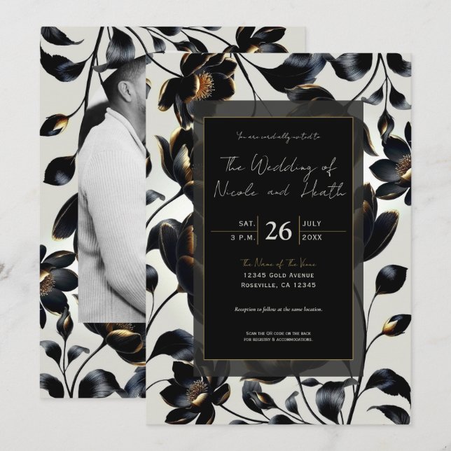 Black & Gold Floral Greige Wedding Invitation (Front/Back)