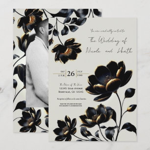 Black & Gold Floral Greige Wedding Invitation