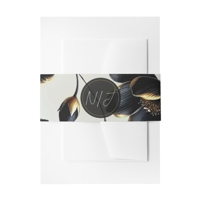Black & Gold Floral Greige Wedding Invitation Belly Band (Front Example)