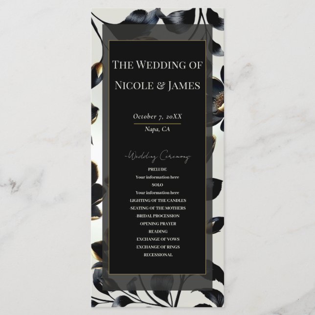 Black & Gold Floral Greige Wedding Program Programme (Front)