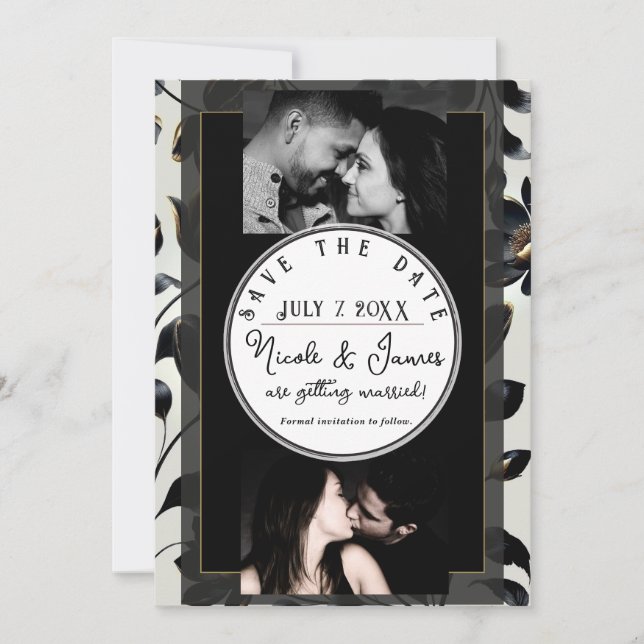 Black & Gold Floral Greige Wedding Save the Date (Front)