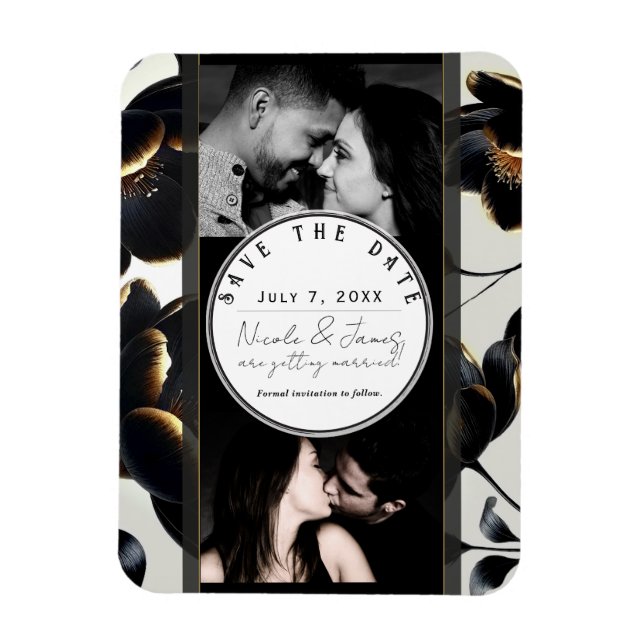 Black & Gold Floral Greige Wedding Save the Date Magnet (Vertical)