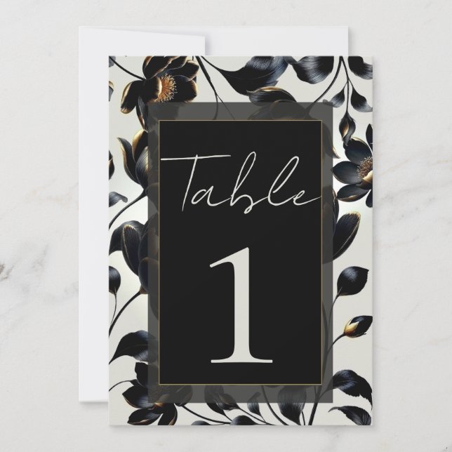 Black & Gold Floral Greige Wedding Table Number (Front)