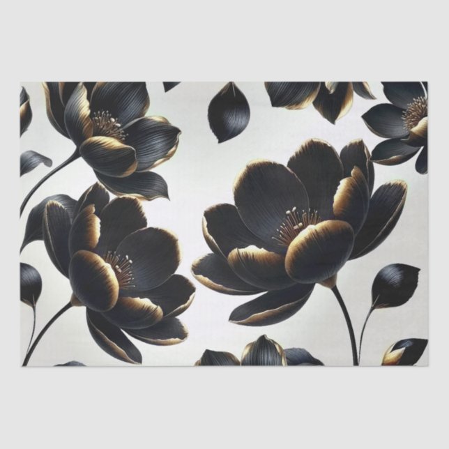 Black & Gold Floral Greige Wedding Tissue Paper (Front)