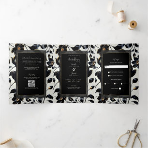 Black & Gold Floral Greige Wedding Tri-Fold Invitation