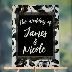 Black & Gold Floral Greige Wedding Welcome Acrylic Sign