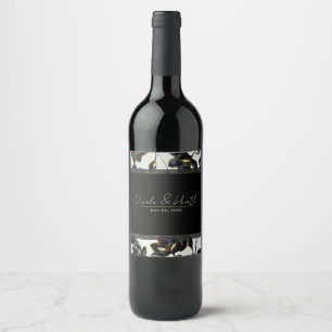 Black & Gold Floral Greige Wedding  Wine Label