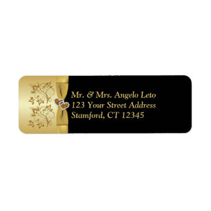 Black, Gold Floral, Hearts Return Address Label