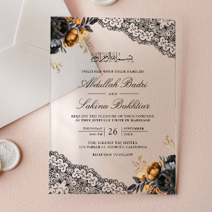 Black Gold Floral Lace Muslim Wedding Acrylic Invitations
