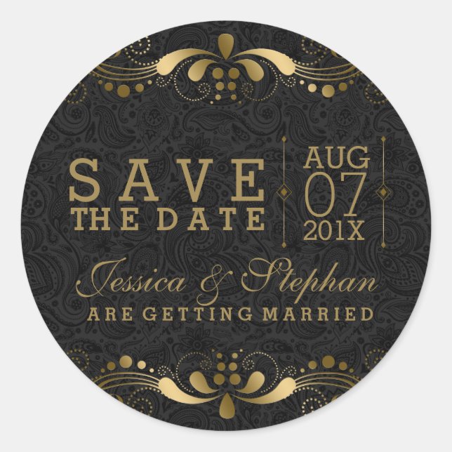 Black & Gold Floral Lace Save The Date Classic Round Sticker (Front)