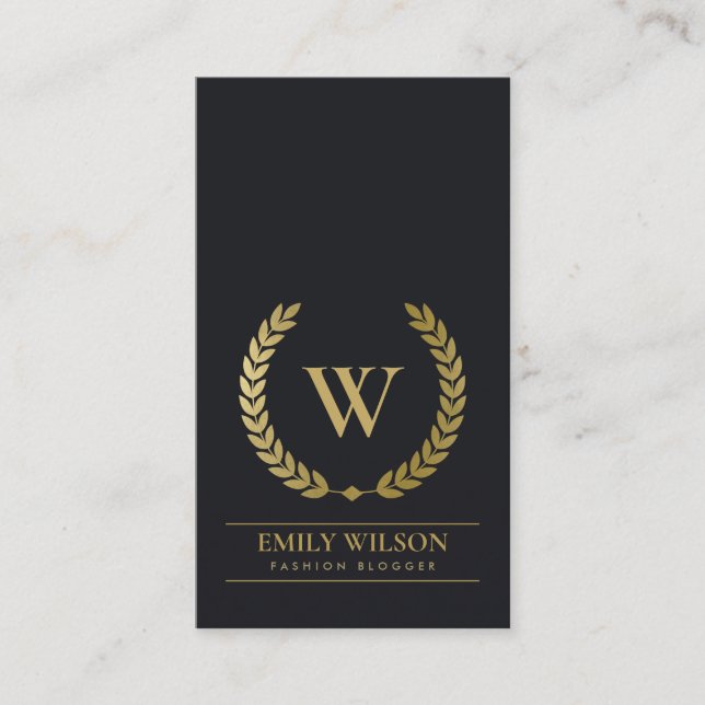 BLACK GOLD FLORAL LAUREL WREATH INITIAL MONOGRAM BUSINESS CARD (Front)