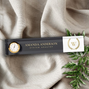 BLACK GOLD FLORAL LAUREL WREATH INITIAL MONOGRAM NAMEPLATE