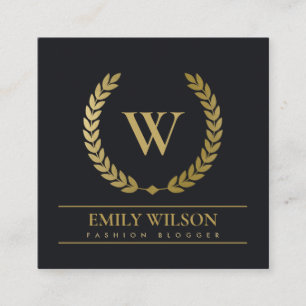 BLACK GOLD FLORAL LAUREL WREATH INITIAL MONOGRAM SQUARE BUSINESS CARD