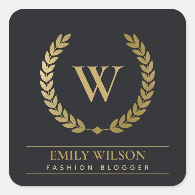 BLACK GOLD FLORAL LAUREL WREATH INITIAL MONOGRAM SQUARE STICKER (Front)