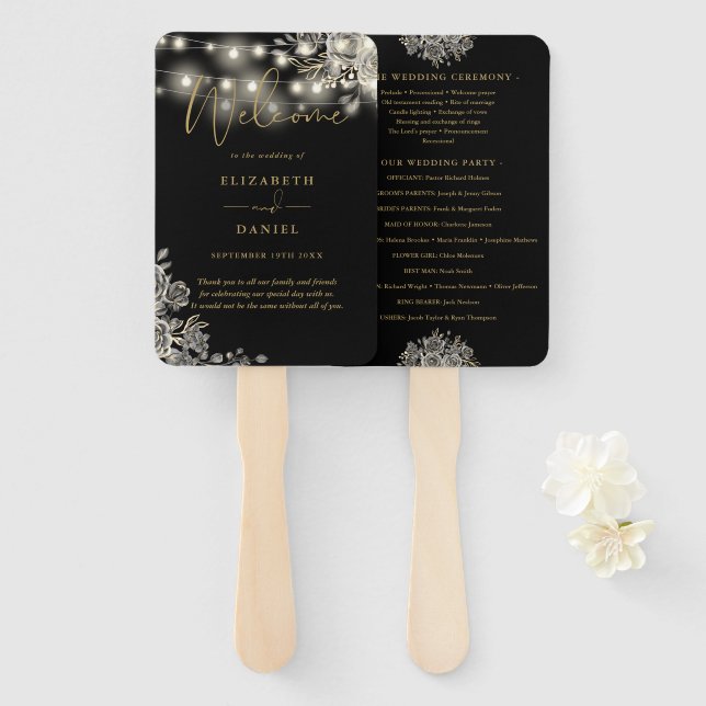 Black Gold Floral Lights Gothic Wedding Program Hand Fan (Front and Back)