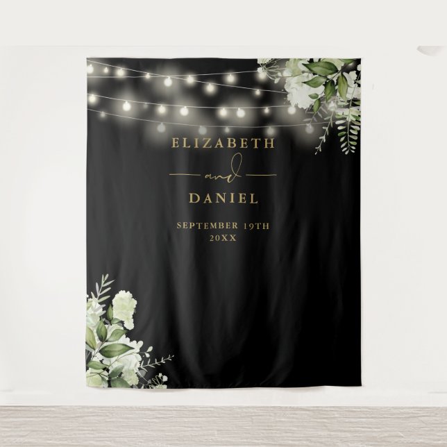 Black Gold Floral Lights Wedding Photo Backdrop Tapestry (Front)