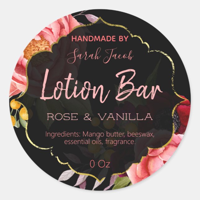 Black Gold Floral Lotion Bar Labels (Front)