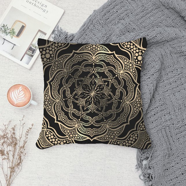 Black & Gold Floral Mandala Beautiful Stylish Chic Cushion (Creator Uploaded)