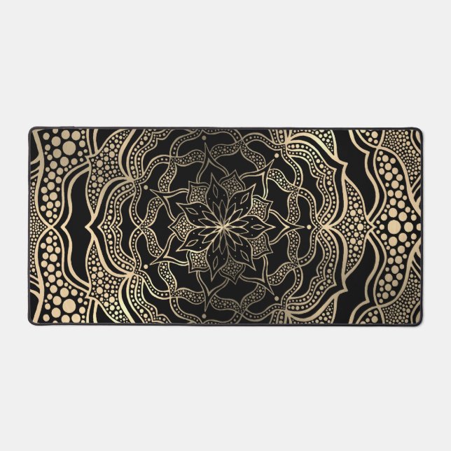 Black & Gold Floral Mandala Beautiful Stylish Chic Desk Mat (Front)
