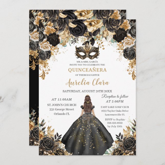 Black Gold Floral Masquerade Ball Quinceañera Invitation (Front/Back)
