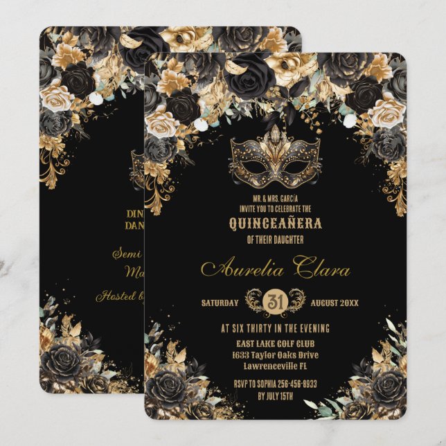 Black Gold Floral Masquerade Ball Quinceañera Invitation (Front/Back)