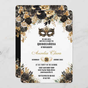 Black Gold Floral Masquerade Ball Quinceañera Invitation
