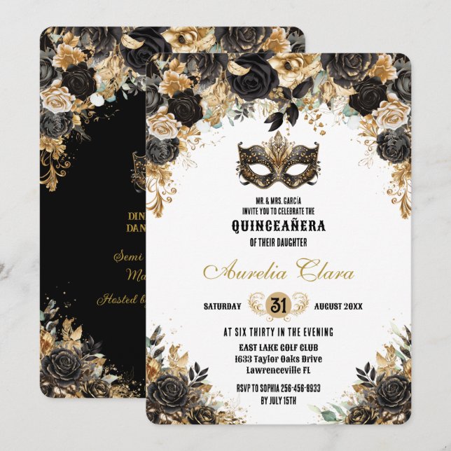 Black Gold Floral Masquerade Ball Quinceañera Invitation (Front/Back)