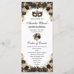 Black Gold Floral Masquerade Mask Quinceañera  Programme