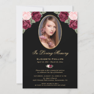 Black Gold Floral Memorial Service Funeral Photo Invitation