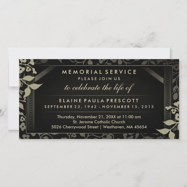 Black & Gold Floral Memorial Service Invitation (Front)