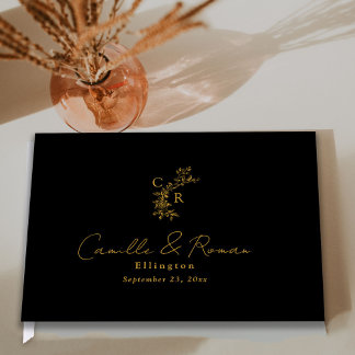 Black/Gold Floral Monogram Calligraphy Wedding Guest Book