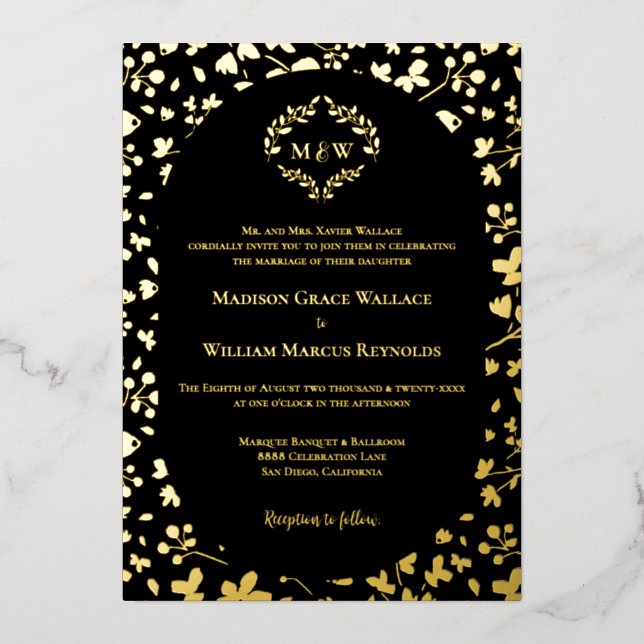 Black & Gold Floral Monogram Elegant Luxe wedding (Front)