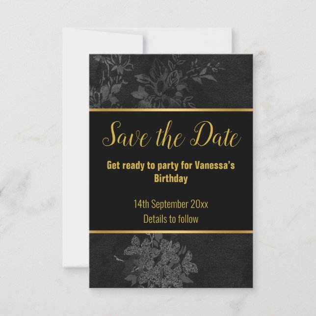 BLACK GOLD FLORAL PATTERN SAVE THE DATE RSVP CARD (Front)