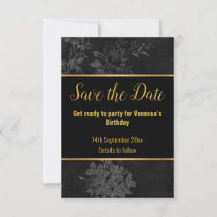 BLACK GOLD FLORAL PATTERN SAVE THE DATE RSVP CARD