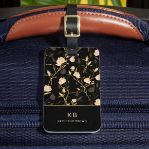 Black Gold Floral Pattern Trendy Stylish Luggage Tag