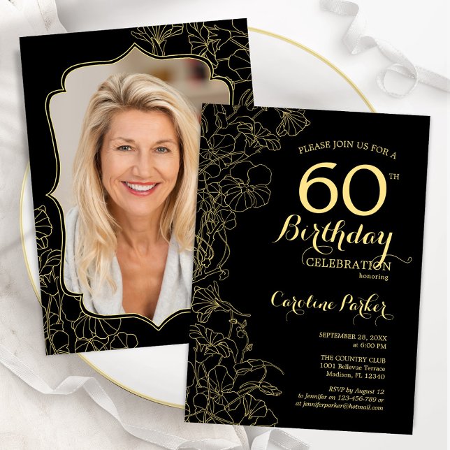 Black Gold Floral Photo 60th Birthday Party Invitation (Creator Uploaded)