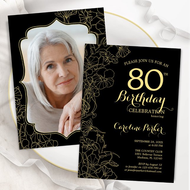 Black Gold Floral Photo 80th Birthday Party Invitation (Creator Uploaded)